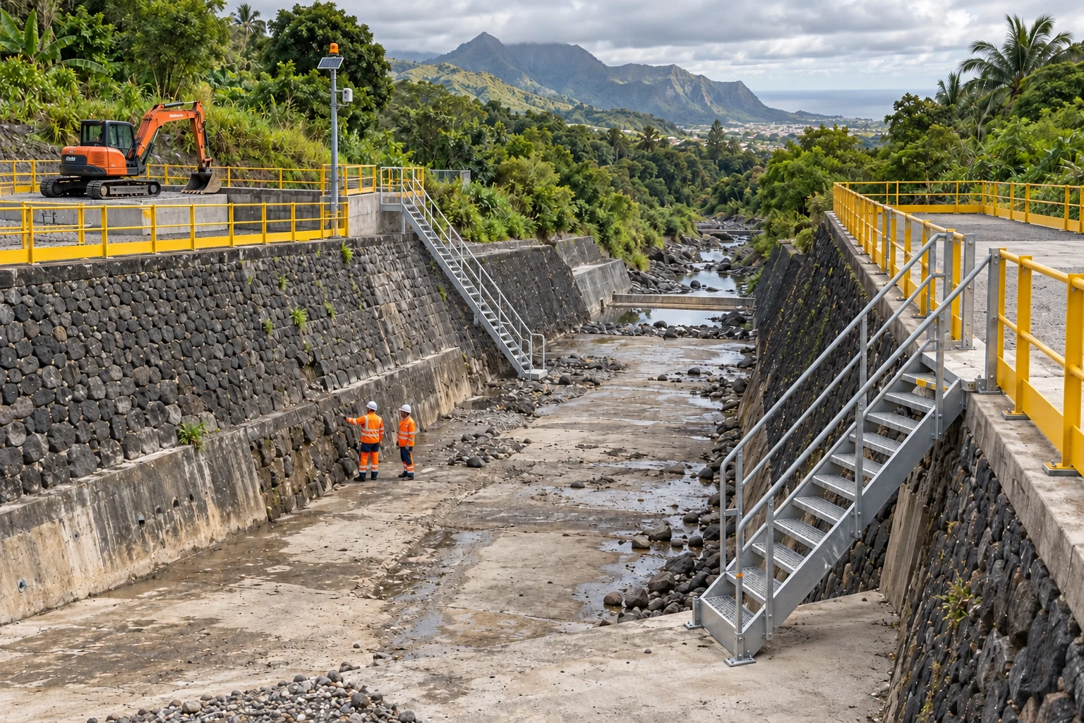 Illustration de travaux dans une ravine : rives équipées de garde-corps, mât d’alerte, deux escaliers de repli répartis sur les berges et engin sur une plateforme séparée.